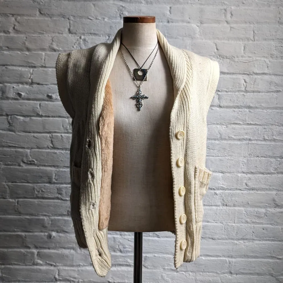 70s Vintage Knit Grandpa Sweater Vest Preppy Reversible Shaggy Faux Fur Top