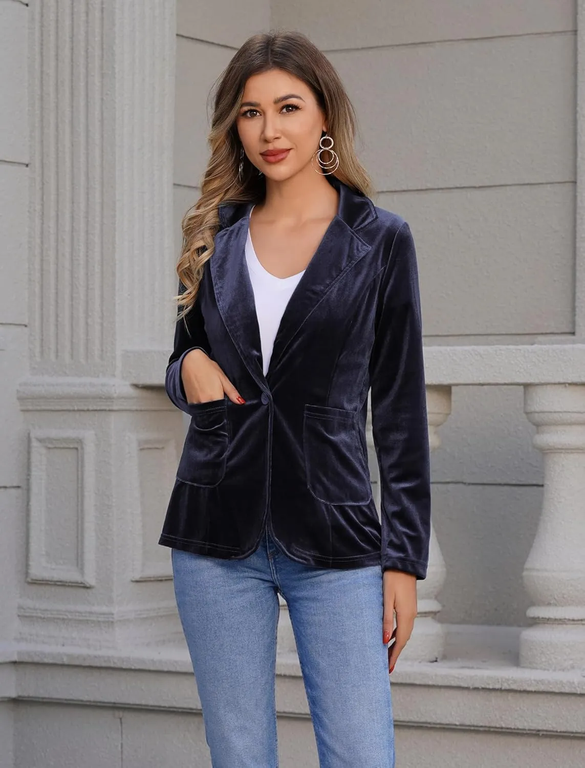 ABAFIP Women Velvet Blazers Casual Suit Cardigan Jacket Shawl Collar Short Blazer Outwear with Pockets