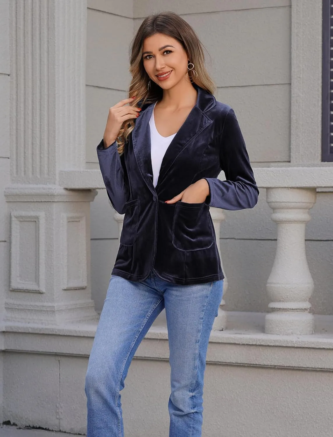 ABAFIP Women Velvet Blazers Casual Suit Cardigan Jacket Shawl Collar Short Blazer Outwear with Pockets