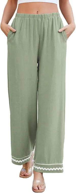 Allimy Women's Summer Casual Midi High Rise Flowy Wide Leg Linen Pants