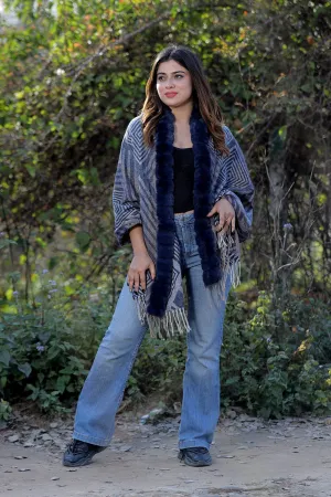 Amazing Navy Blue Colour Woollen Cashmere Faux Fur Cape Stole.