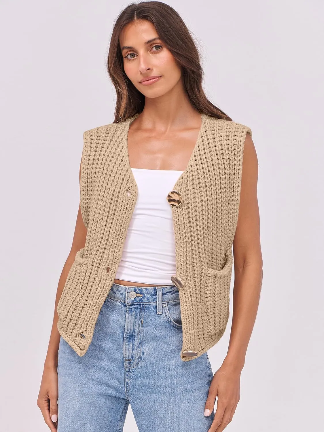 ANRABESS Women Chunky Knit Sweater Vest Button Down Casual Sleeveless Cardigan with Pockets Spring Trendy Outfits 2025
