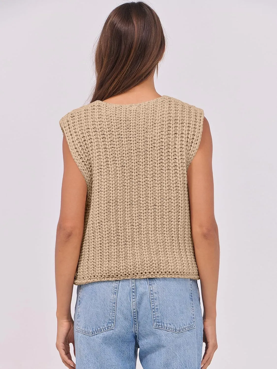 ANRABESS Women Chunky Knit Sweater Vest Button Down Casual Sleeveless Cardigan with Pockets Spring Trendy Outfits 2025