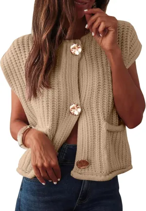 ANRABESS Women Chunky Knit Sweater Vest Button Down Casual Sleeveless Cardigan with Pockets Spring Trendy Outfits 2025