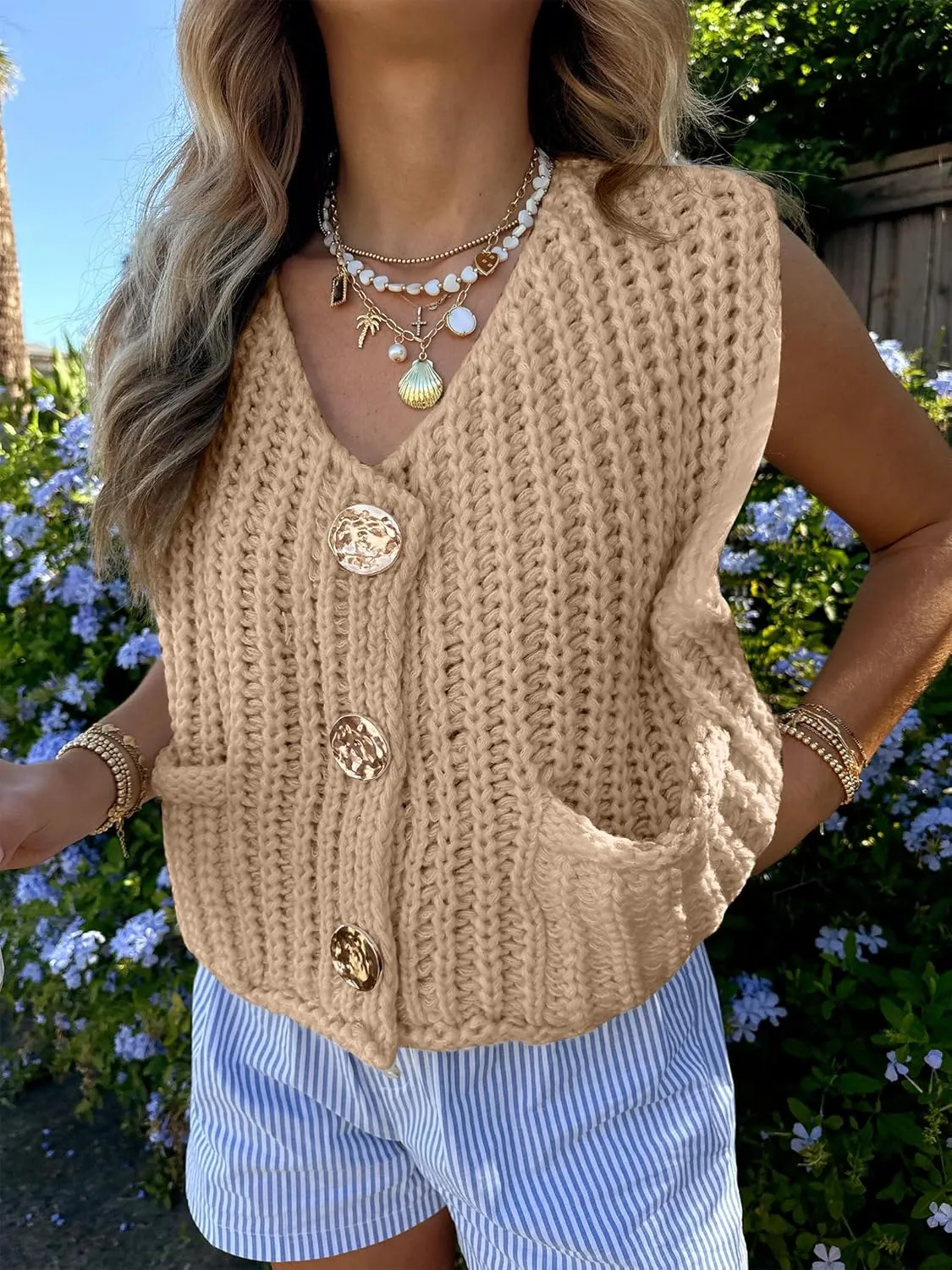 ANRABESS Women Chunky Knit Sweater Vest Button Down Casual Sleeveless Cardigan with Pockets Spring Trendy Outfits 2025