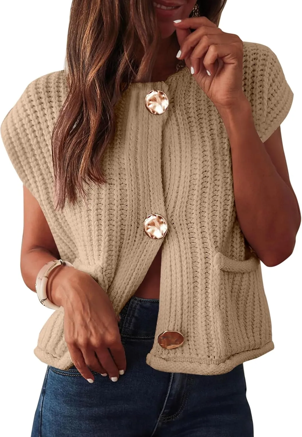 ANRABESS Women Chunky Knit Sweater Vest Button Down Casual Sleeveless Cardigan with Pockets Spring Trendy Outfits 2025