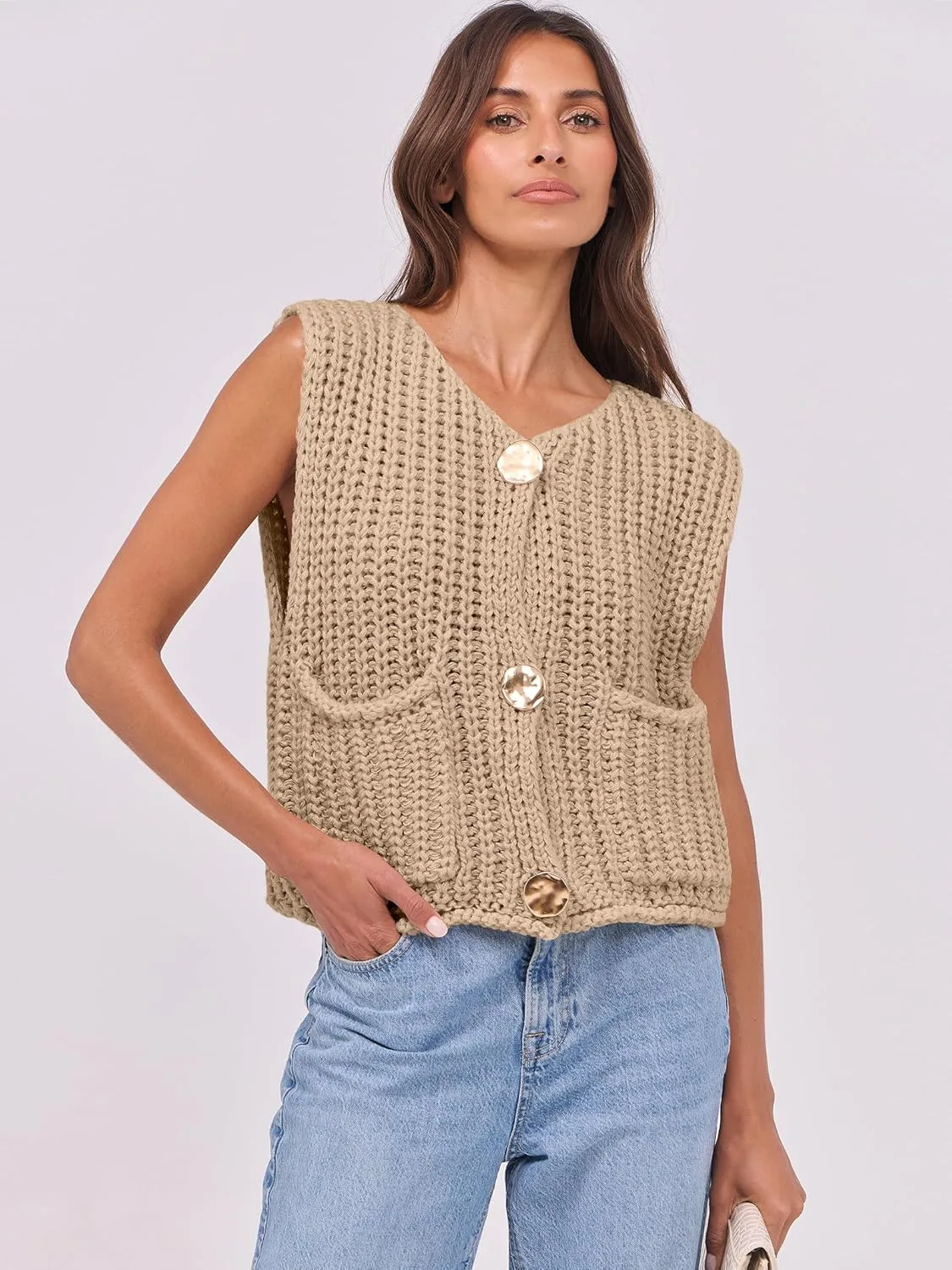ANRABESS Women Chunky Knit Sweater Vest Button Down Casual Sleeveless Cardigan with Pockets Spring Trendy Outfits 2025
