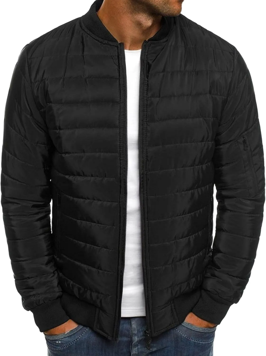 Bomber Jacket Men Diamond Casual Zip Up Quilted Varsity Jackets Winter Warm Lightweight Padded Outwear Flight Coat