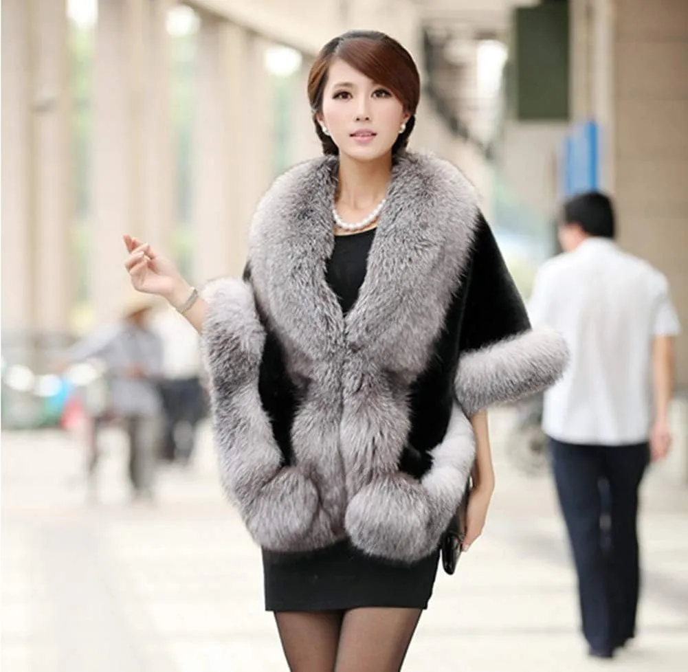 Caracilia Women Luxury Faux Fur Coat Jackets Wrap Cape Shawl for Wedding Party
