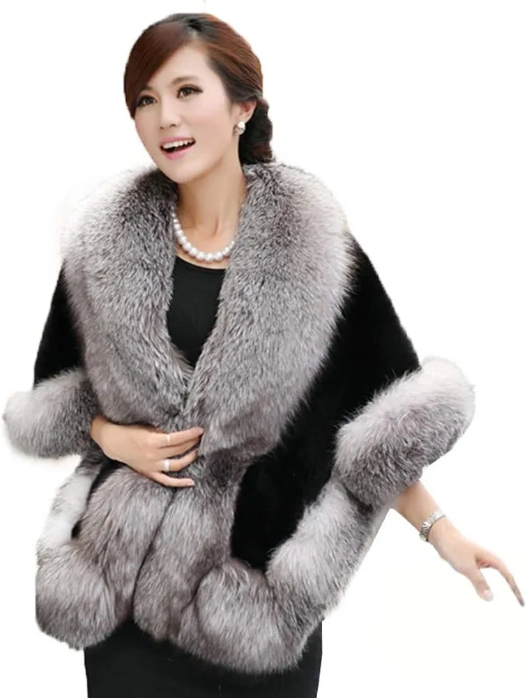 Caracilia Women Luxury Faux Fur Coat Jackets Wrap Cape Shawl for Wedding Party