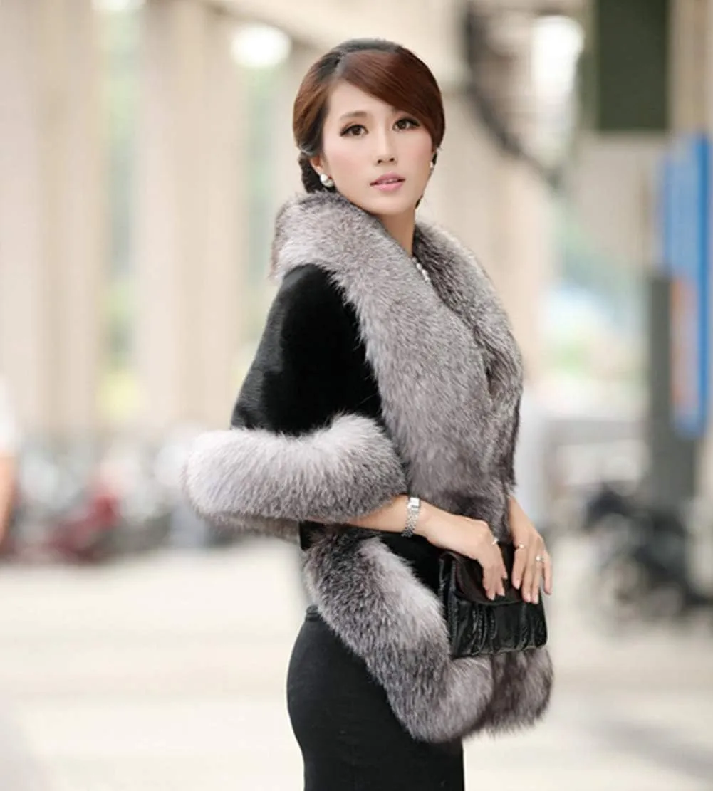 Caracilia Women Luxury Faux Fur Coat Jackets Wrap Cape Shawl for Wedding Party