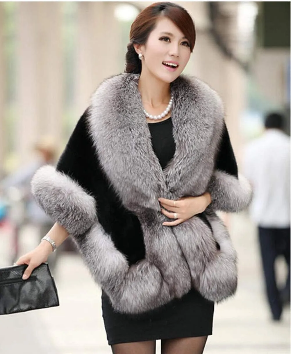 Caracilia Women Luxury Faux Fur Coat Jackets Wrap Cape Shawl for Wedding Party