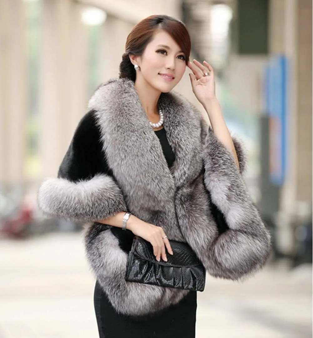 Caracilia Women Luxury Faux Fur Coat Jackets Wrap Cape Shawl for Wedding Party