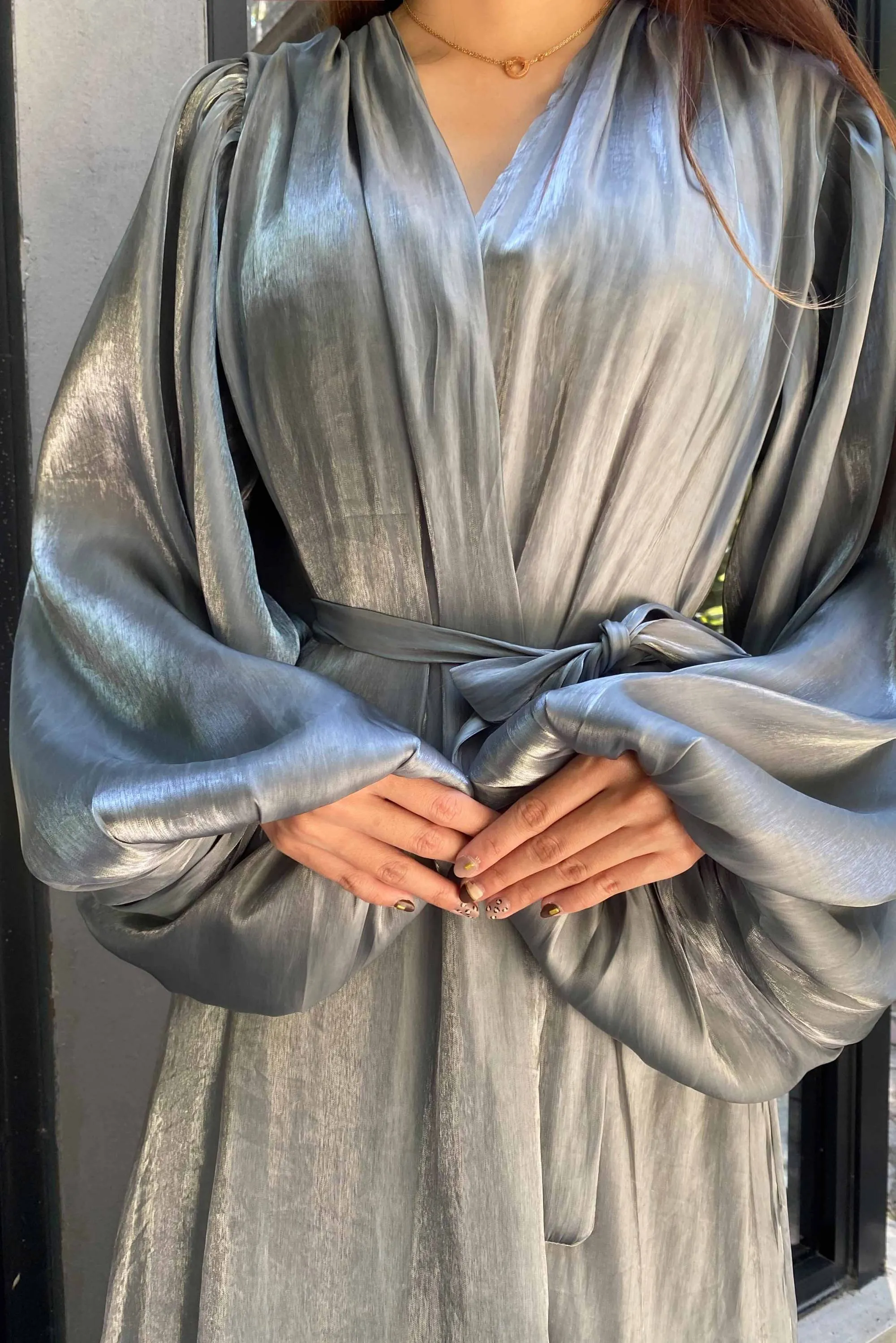 Elaiqe Balloon Sleeved Longline Cardigan in Grey