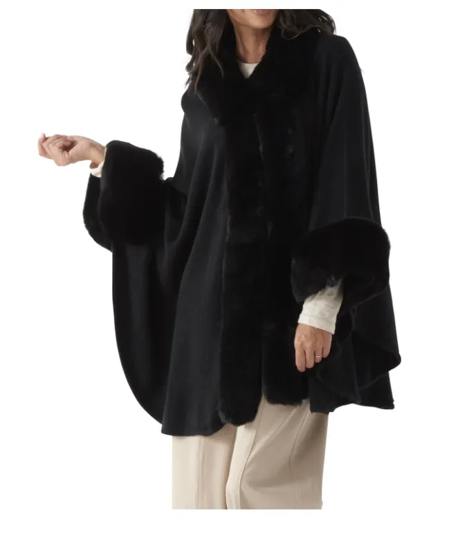 Faux Fur Trim Cape with Sleeves