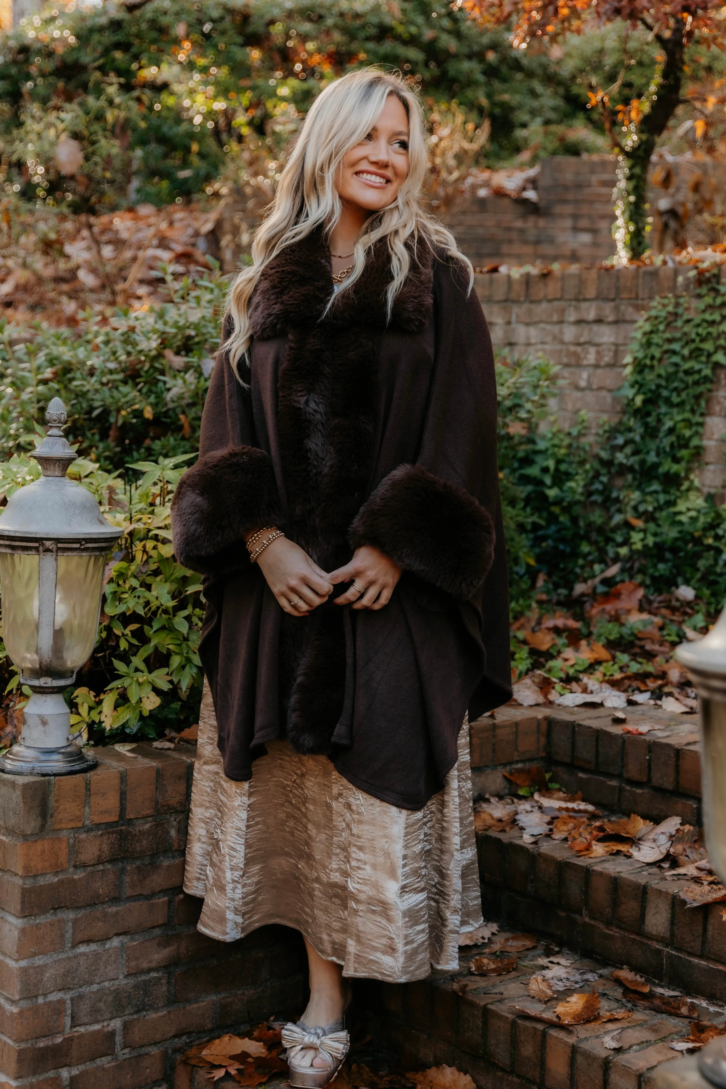 Faux Fur Trim Cape with Sleeves