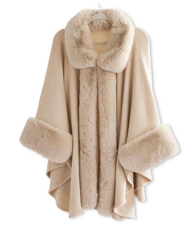 Faux Fur Trim Cape with Sleeves