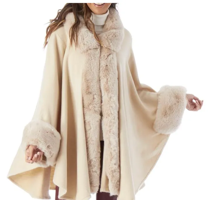 Faux Fur Trim Cape with Sleeves
