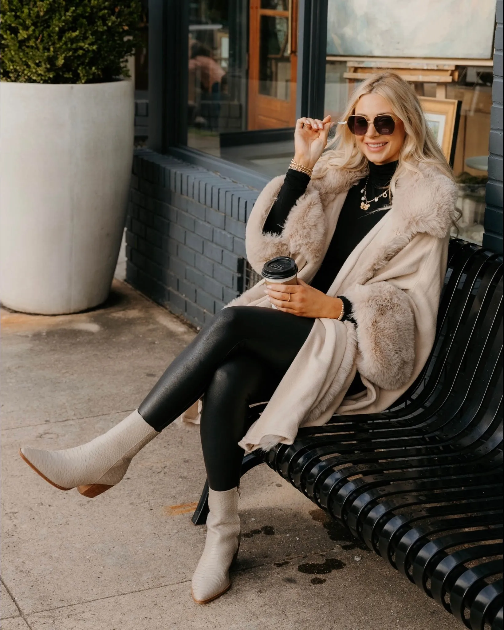 Faux Fur Trim Cape with Sleeves