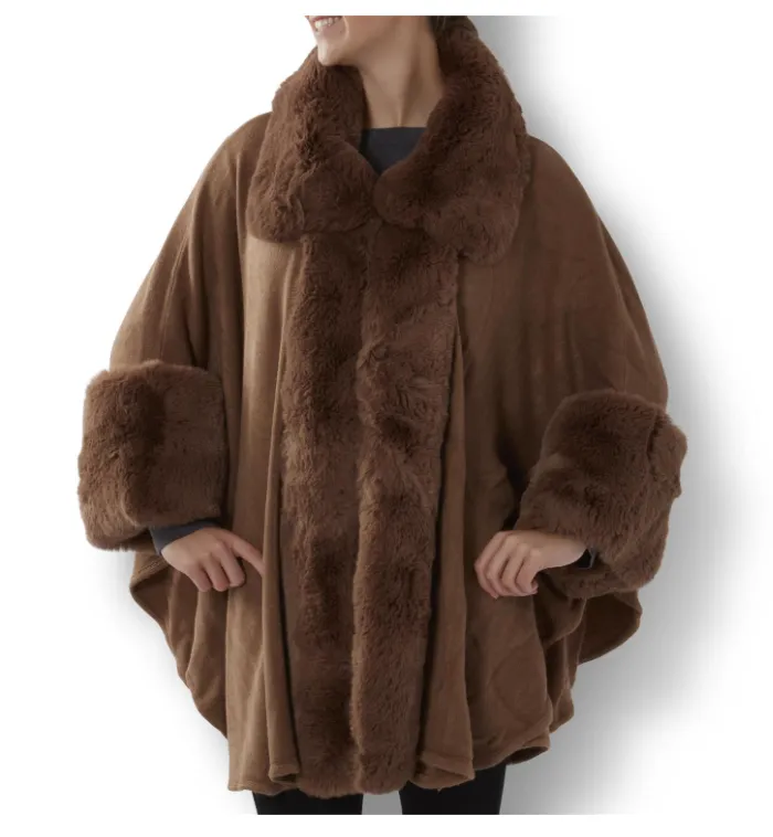 Faux Fur Trim Cape with Sleeves
