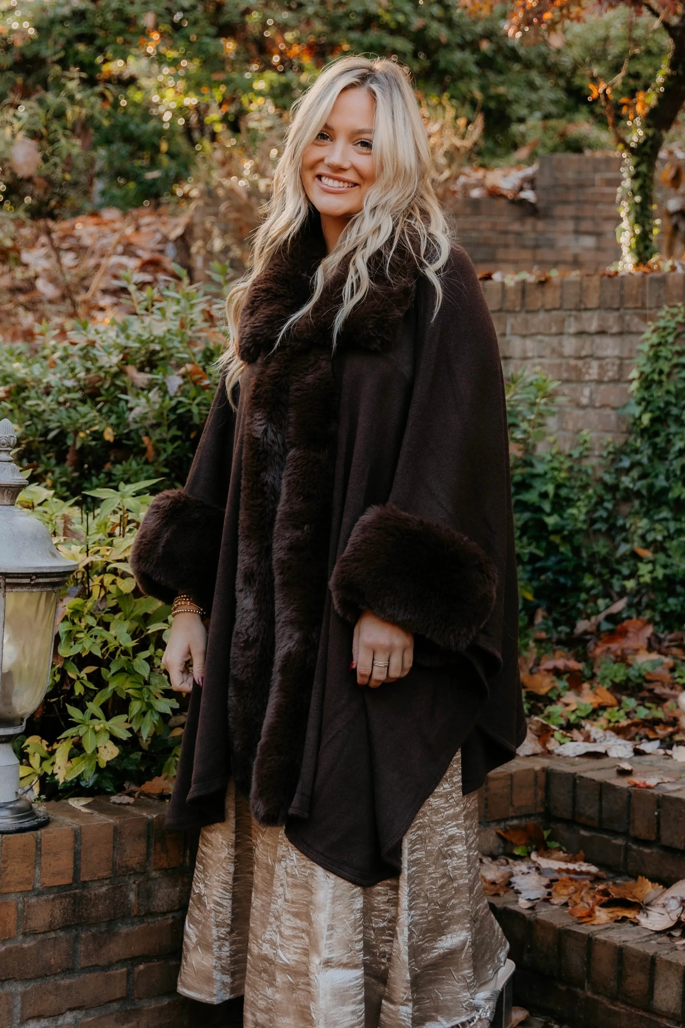 Faux Fur Trim Cape with Sleeves