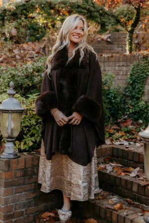 Faux Fur Trim Cape with Sleeves