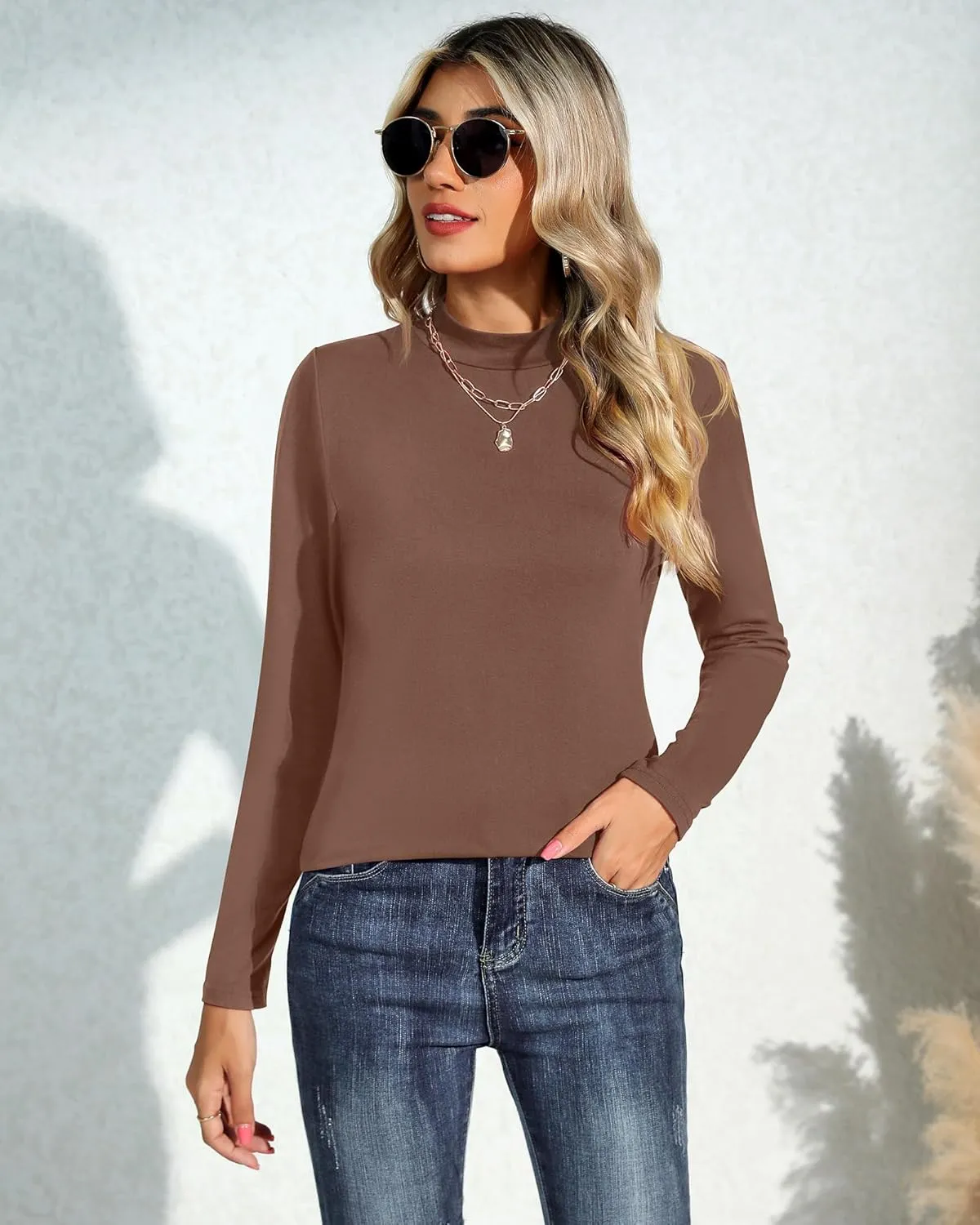 Ficerd 3 Pack Women's Mock Turtleneck Shirts, Long Sleeve Mock Neck Pullover Tops Slim Fitted Stretch Undershirt Tee Blouse