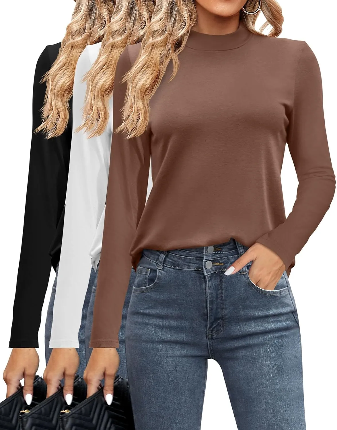 Ficerd 3 Pack Women's Mock Turtleneck Shirts, Long Sleeve Mock Neck Pullover Tops Slim Fitted Stretch Undershirt Tee Blouse