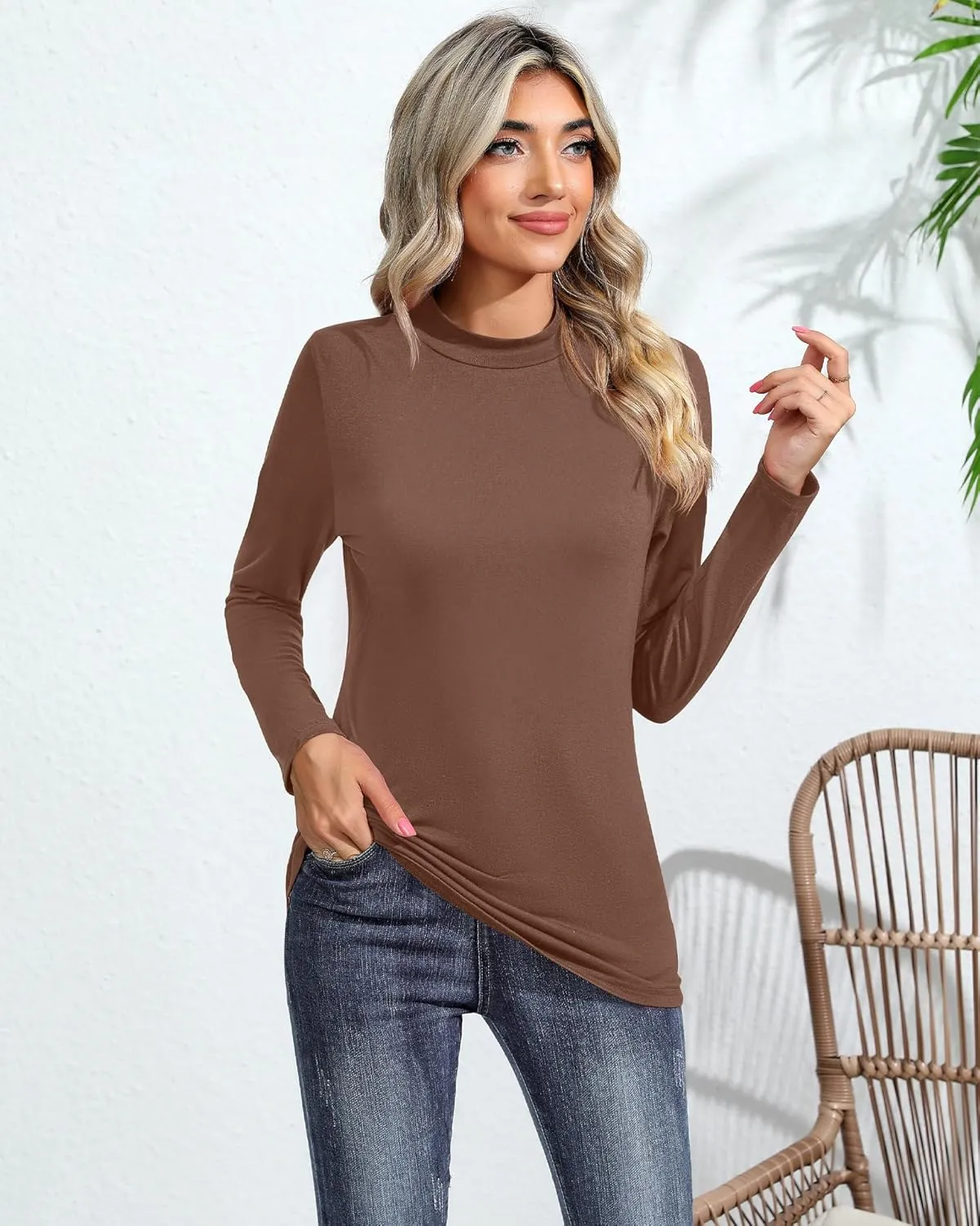 Ficerd 3 Pack Women's Mock Turtleneck Shirts, Long Sleeve Mock Neck Pullover Tops Slim Fitted Stretch Undershirt Tee Blouse