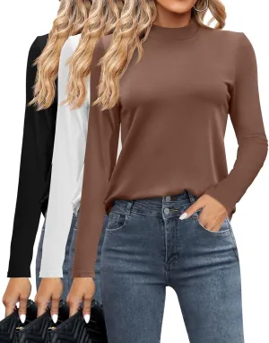 Ficerd 3 Pack Women's Mock Turtleneck Shirts, Long Sleeve Mock Neck Pullover Tops Slim Fitted Stretch Undershirt Tee Blouse