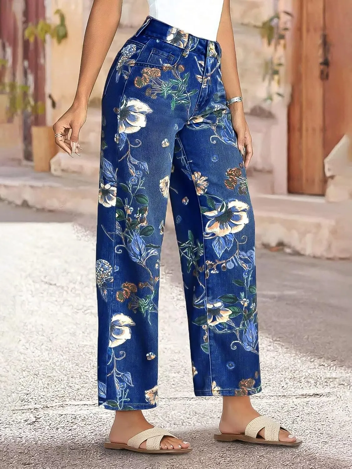 Flamingals High-Rise Vintage Floral Straight Leg Pants for Women Summer Casual Denim Pants