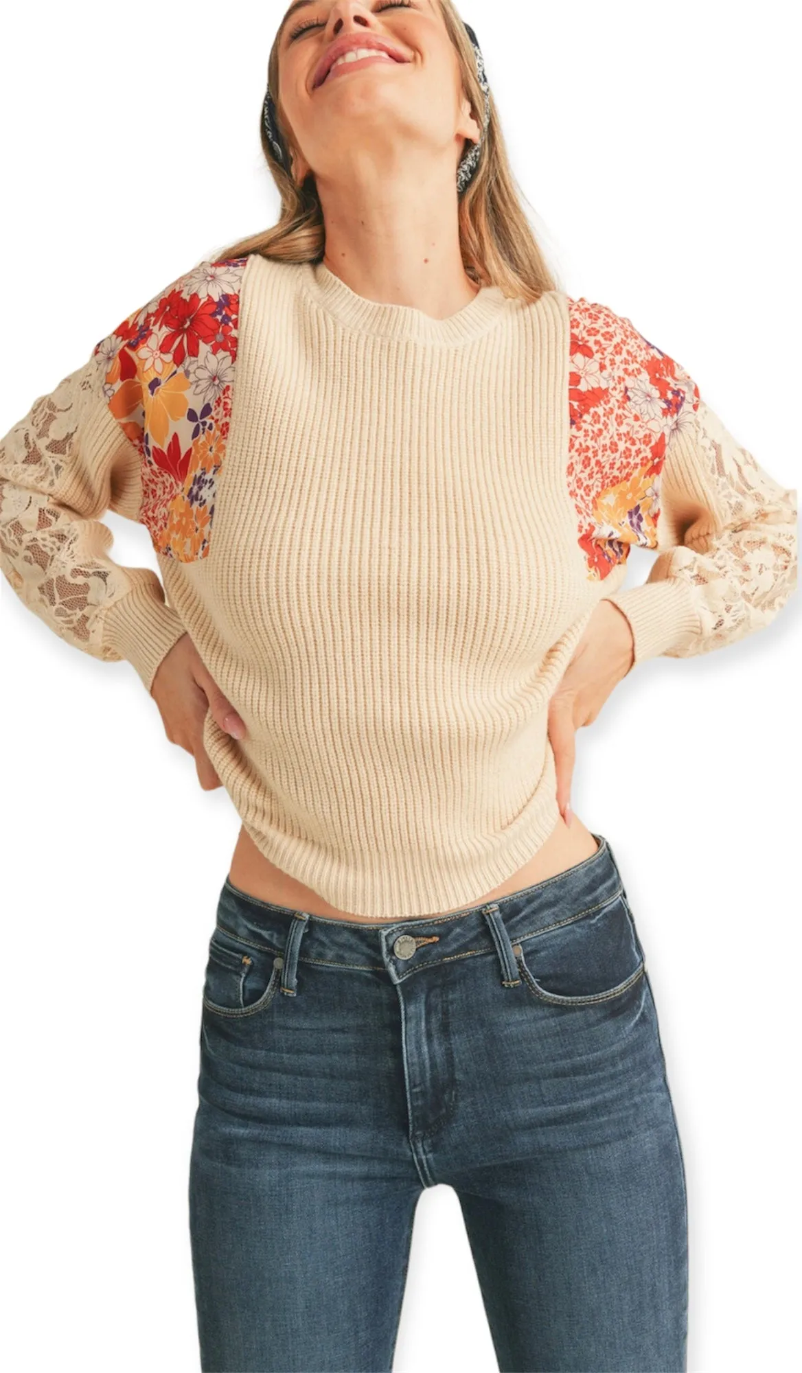 Floral Ribbed Mock Neck Sweater With Lace- Ivory