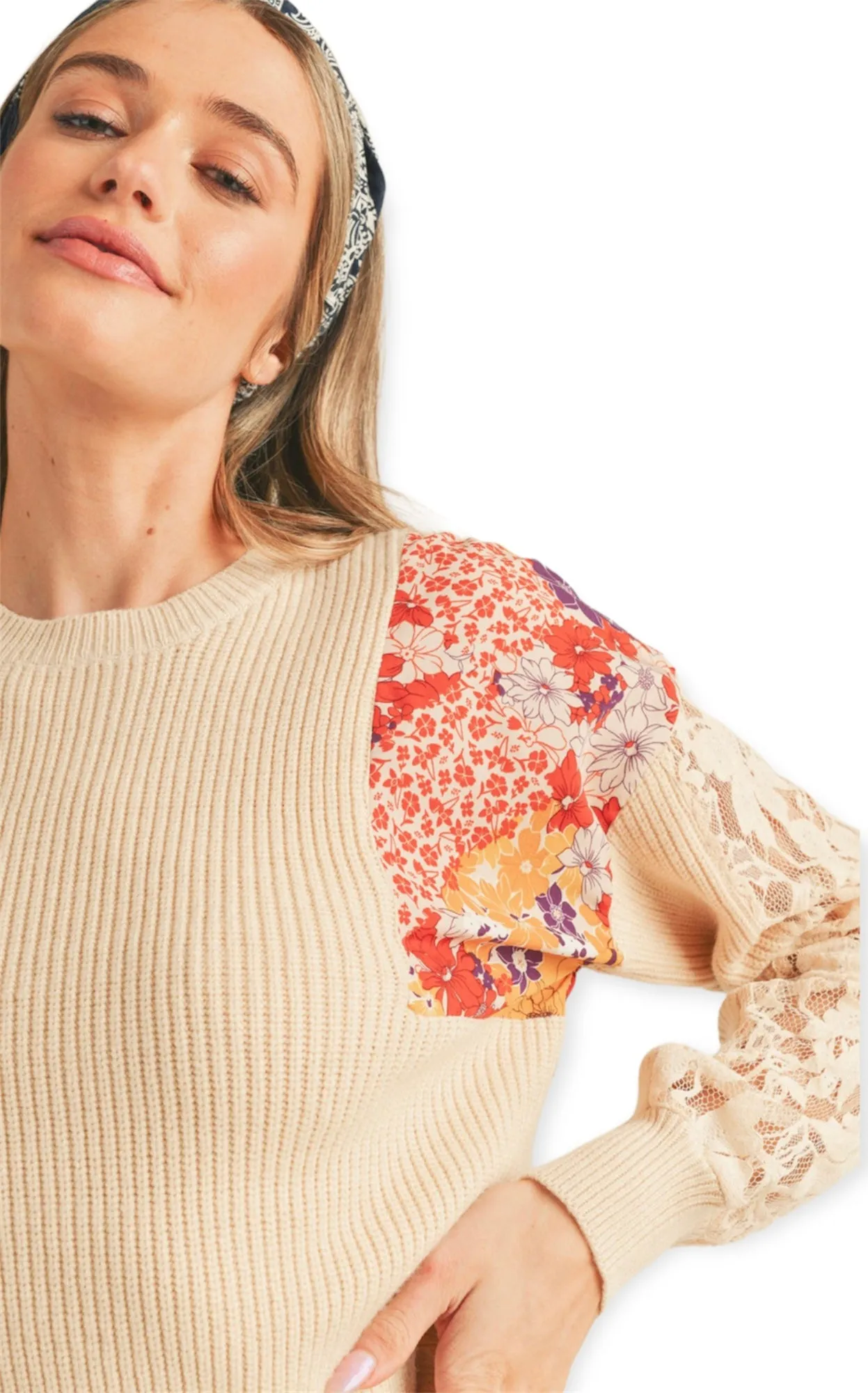 Floral Ribbed Mock Neck Sweater With Lace- Ivory