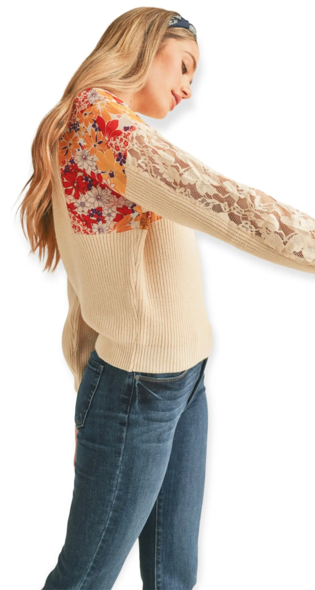 Floral Ribbed Mock Neck Sweater With Lace- Ivory