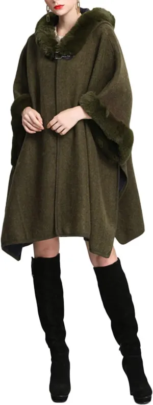 Gihuo Women's Luxury Batwing Sleeve Faux Fur Hooded Cloak Poncho Sweater Cape