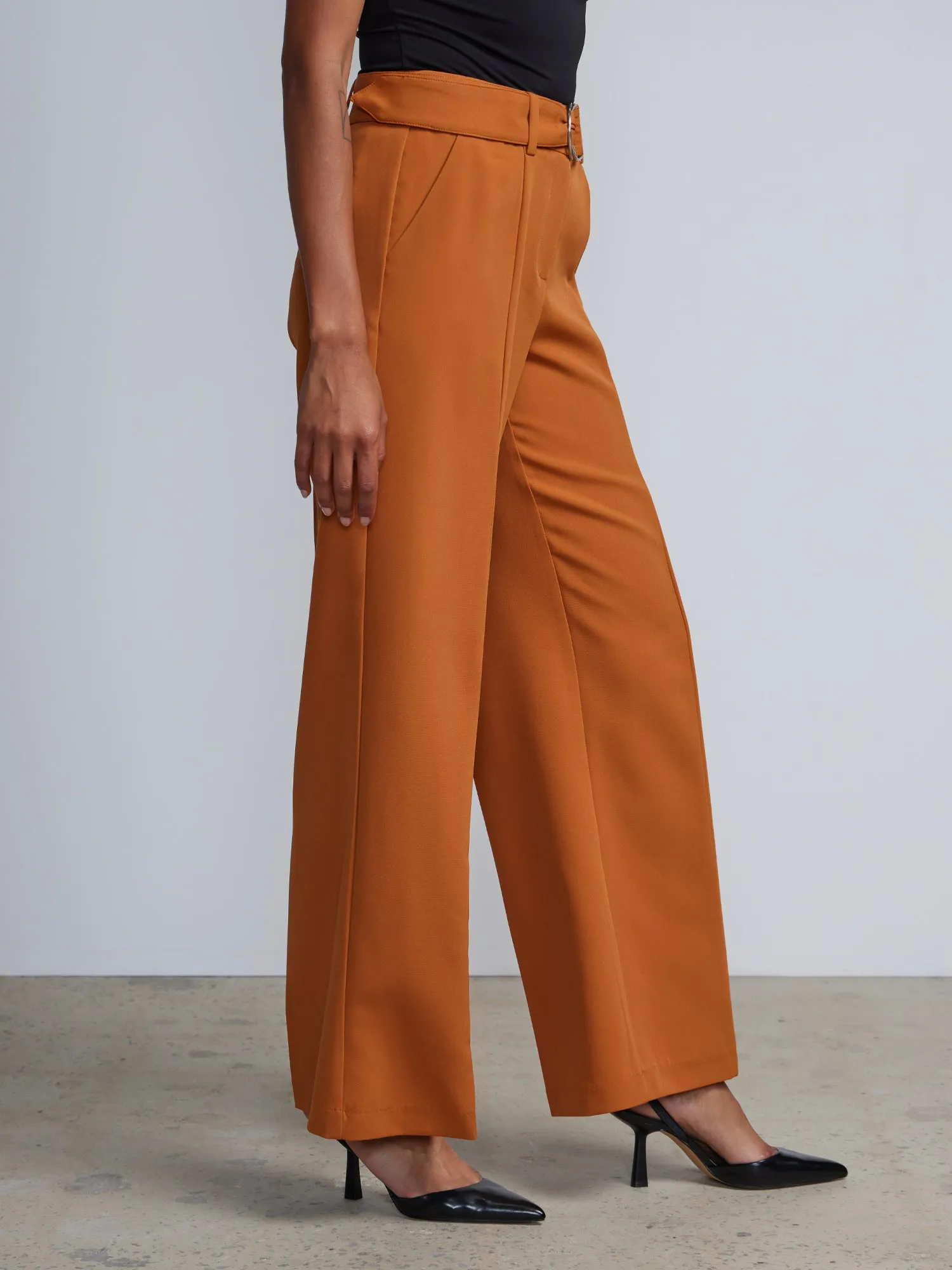 High Rise D-Ring Belt Wide Leg Pants