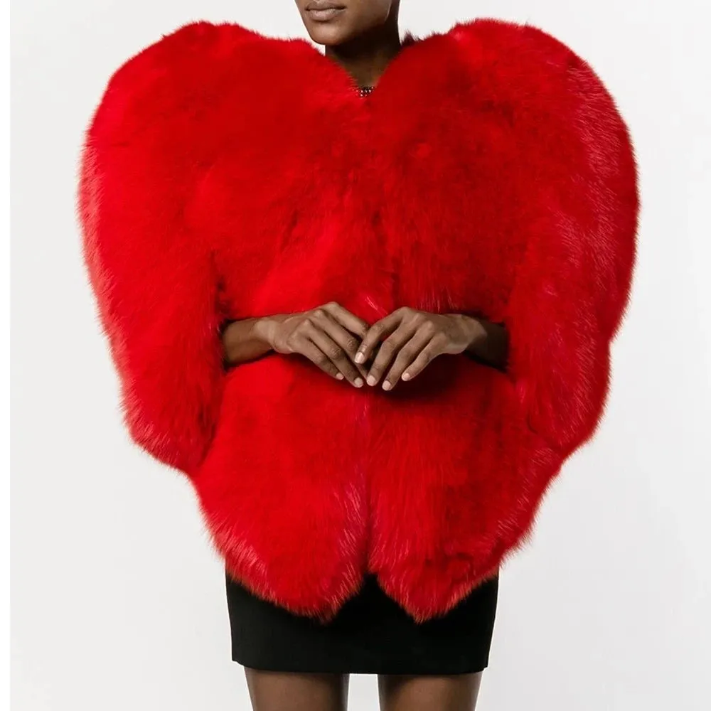 India Stylish 3D Red Love Heart Shaped Cape Faux Fox Fur Thick Warm (Celebrity)