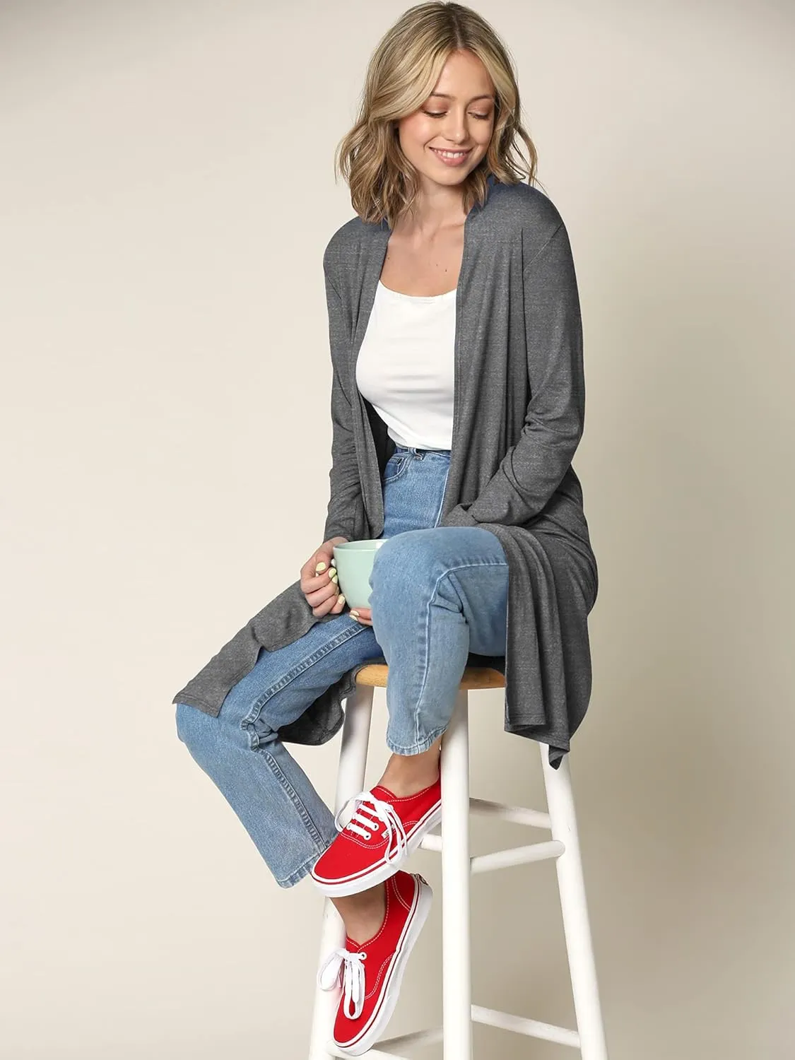 Lock and Love Women's Long Cardigan  Fall Casual Draped Open Front Lightweight Duster with Long Sleeves