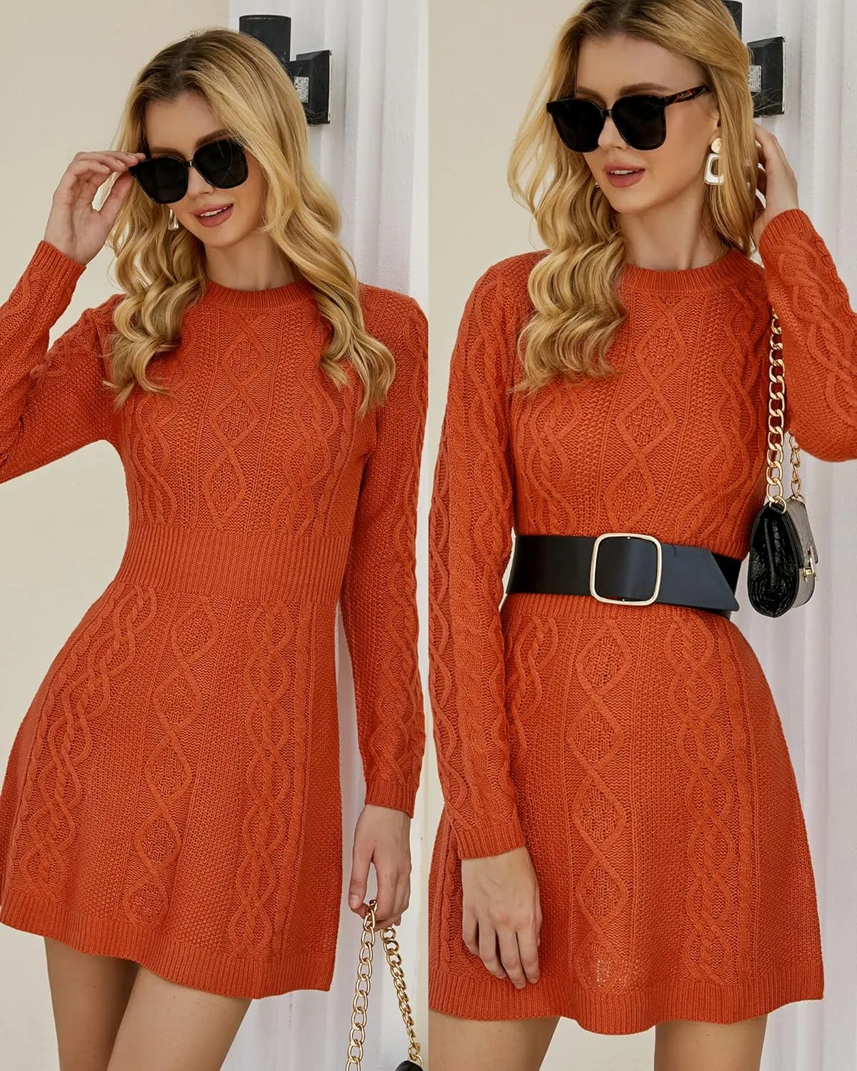 luvamia Sweater Dress for Women Cable Knit Ribbed A-Line Short Fitted Pullover Sweaters Dresses Fall Winter