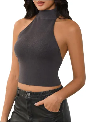 MakeMeChic Women's Mock Neck Sweater Halter Backless Rib Knit Fitted Crop Tops