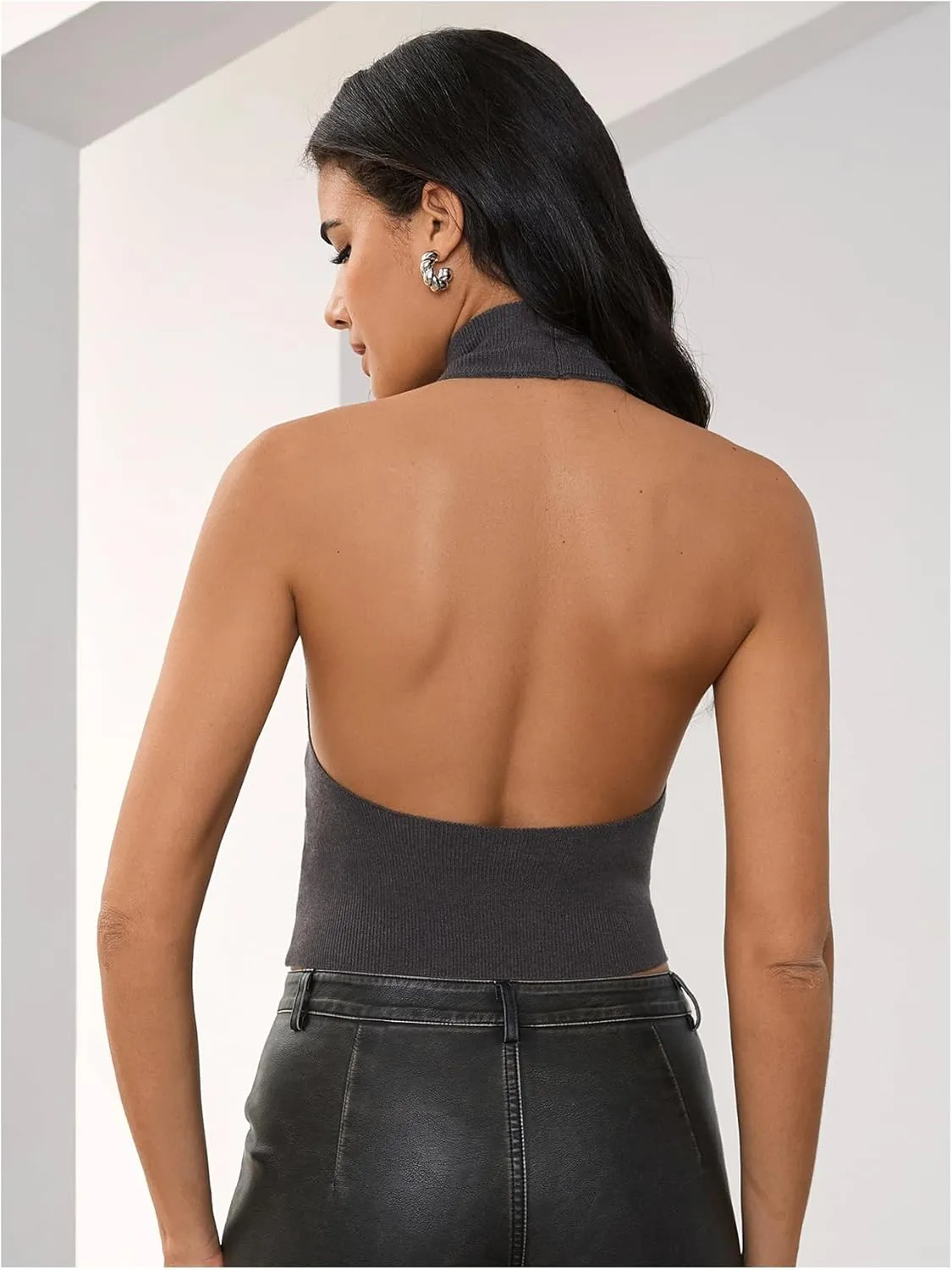 MakeMeChic Women's Mock Neck Sweater Halter Backless Rib Knit Fitted Crop Tops