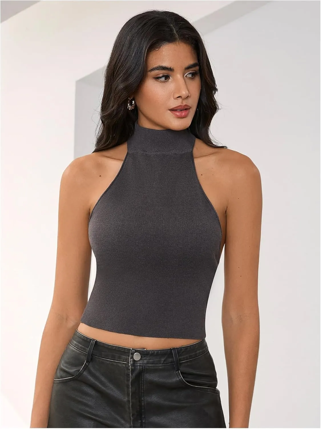 MakeMeChic Women's Mock Neck Sweater Halter Backless Rib Knit Fitted Crop Tops