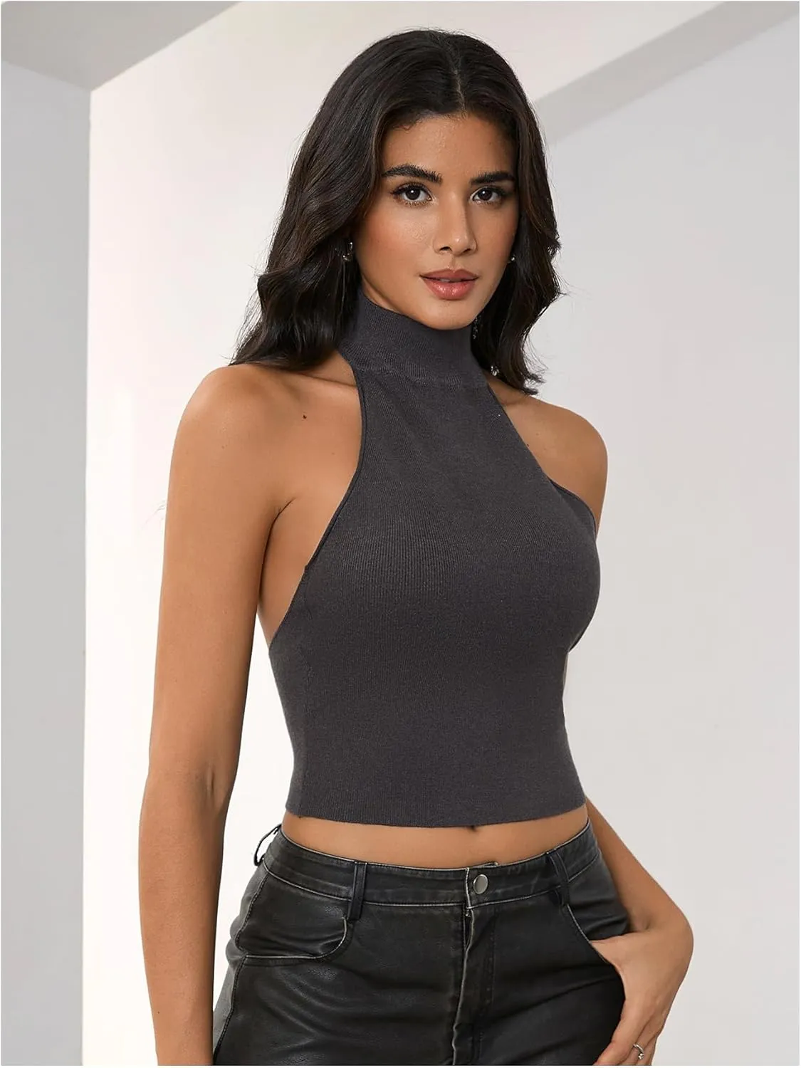 MakeMeChic Women's Mock Neck Sweater Halter Backless Rib Knit Fitted Crop Tops