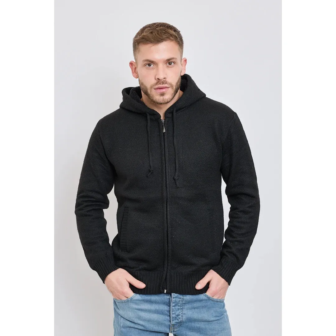 Men's Hoodie Jumper Jacket Fleece Fur Lined Top Knitted Warm Winter