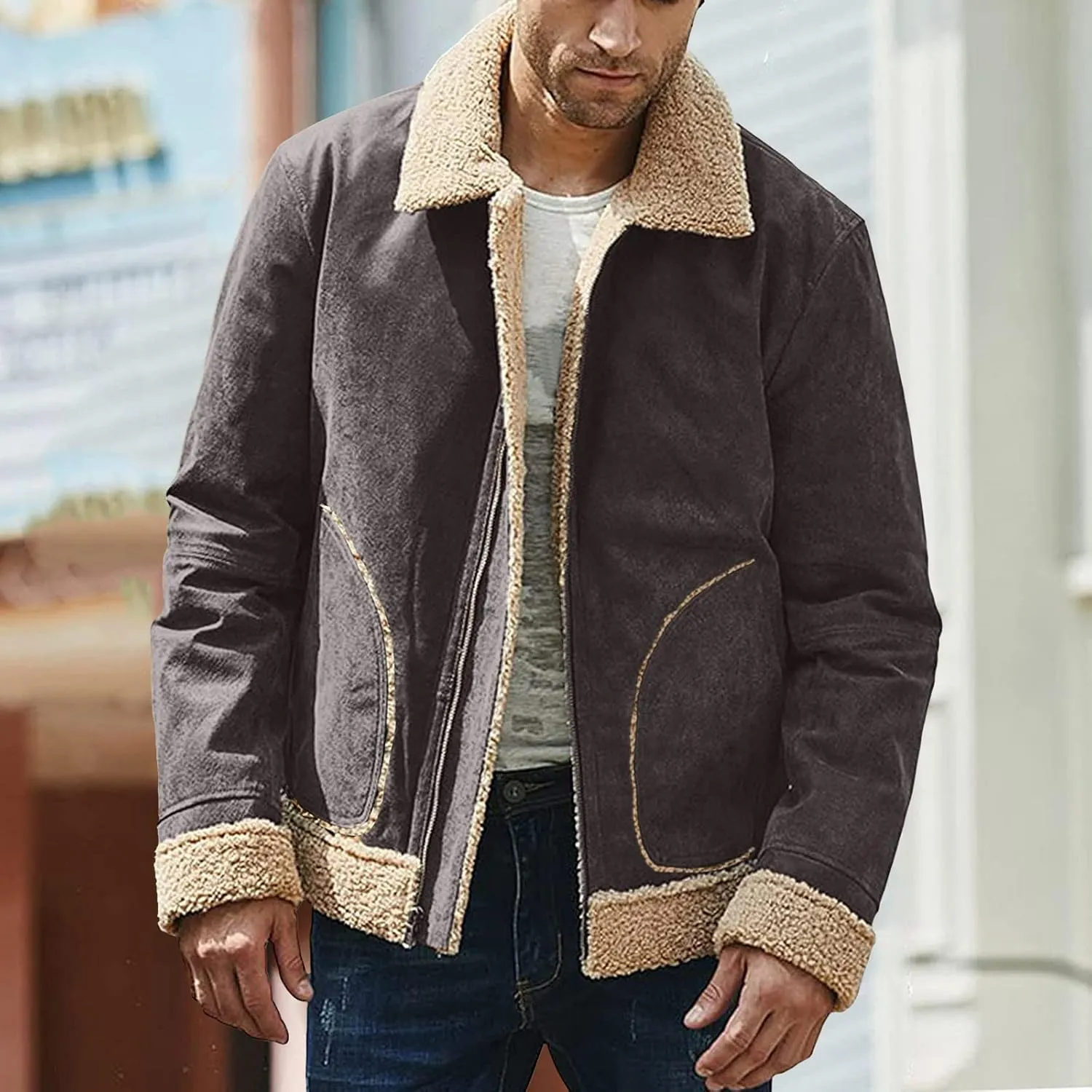 Mens Winter Coats, Mens Vintage Bomber Jacket Sherpa Lined Heavyweight Shearing Coat Baggy Thick Fleece Jackets