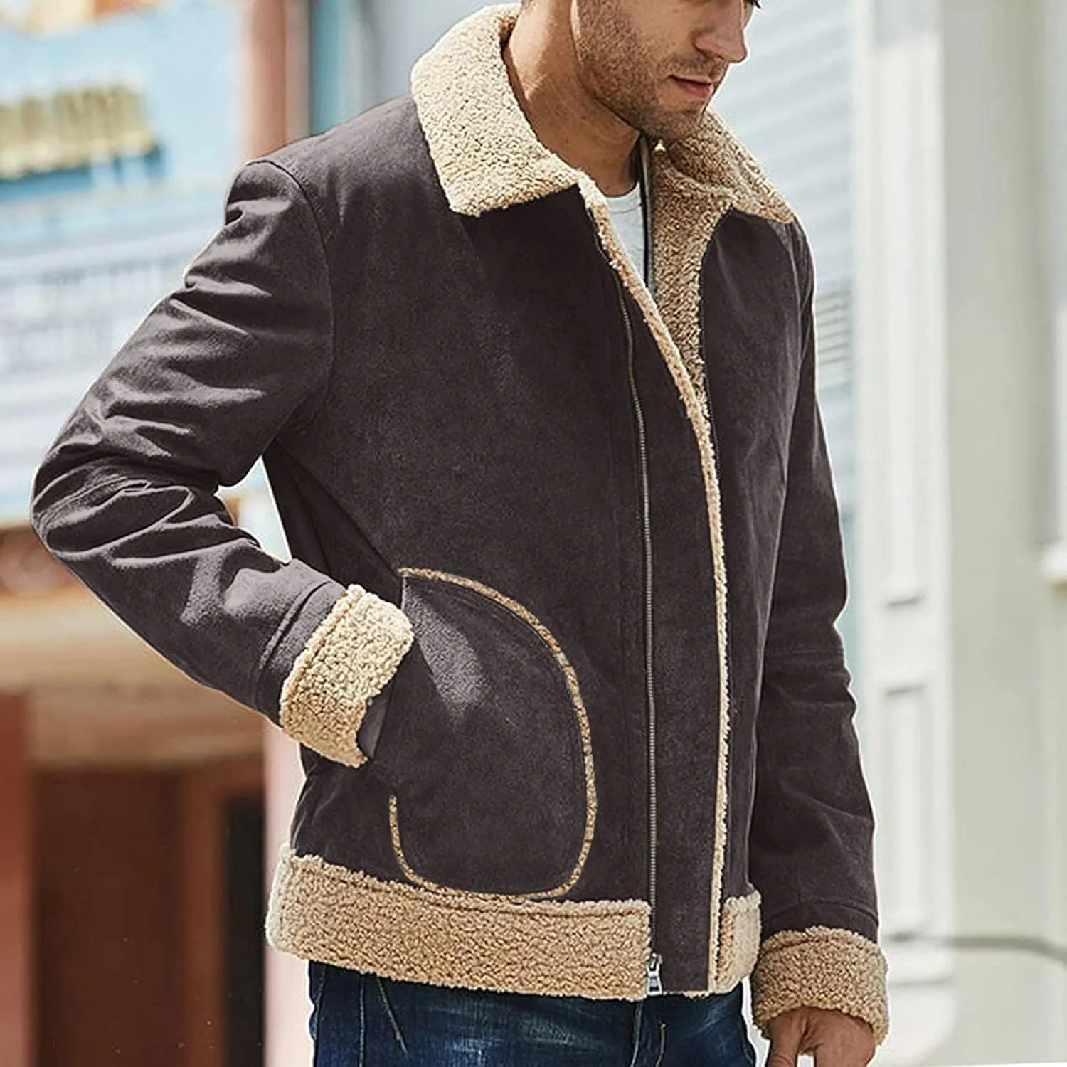 Mens Winter Coats, Mens Vintage Bomber Jacket Sherpa Lined Heavyweight Shearing Coat Baggy Thick Fleece Jackets