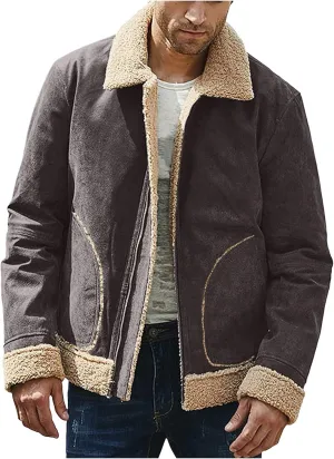 Mens Winter Coats, Mens Vintage Bomber Jacket Sherpa Lined Heavyweight Shearing Coat Baggy Thick Fleece Jackets
