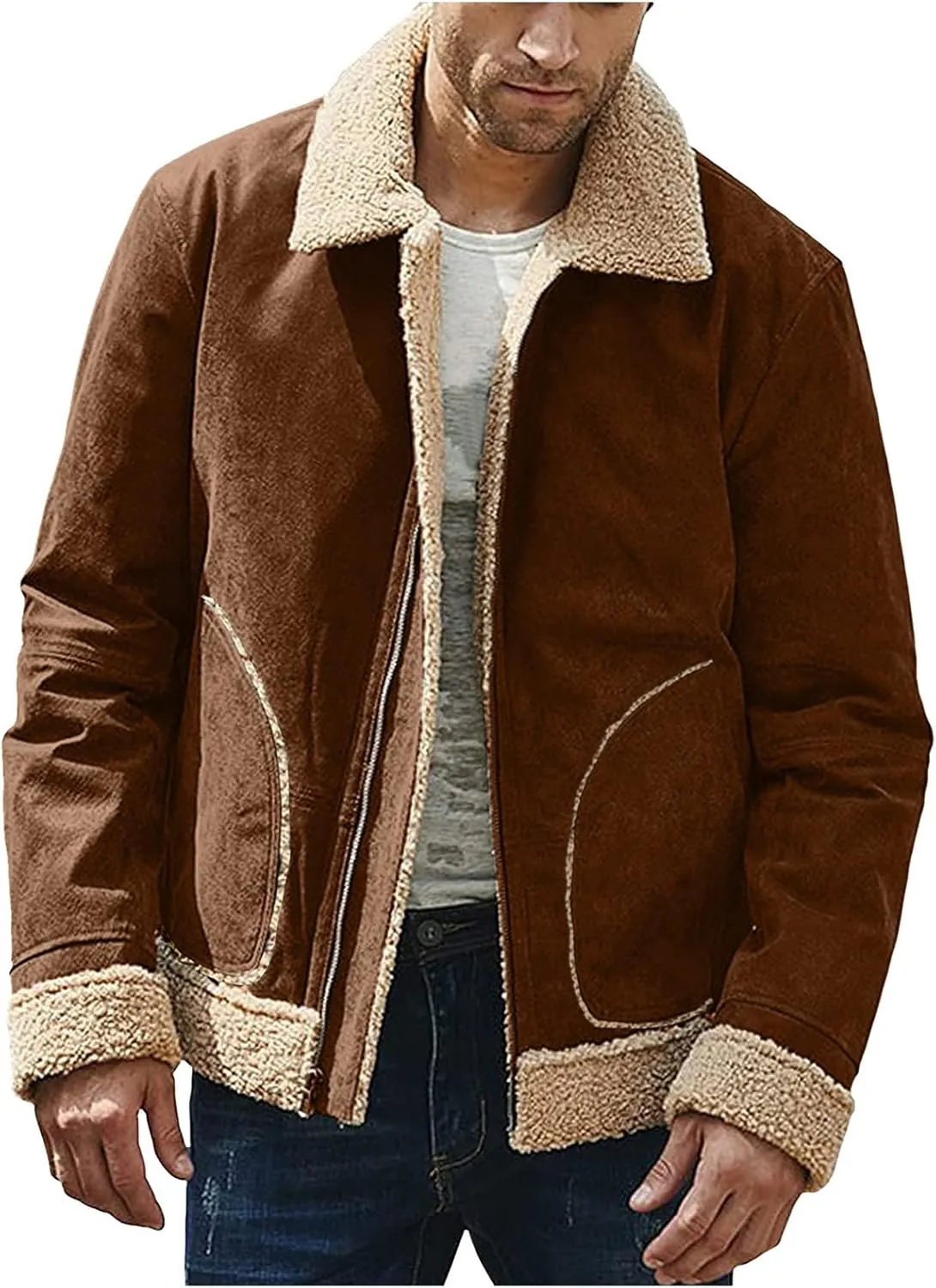 Mens Winter Coats, Mens Vintage Bomber Jacket Sherpa Lined Heavyweight Shearing Coat Baggy Thick Fleece Jackets