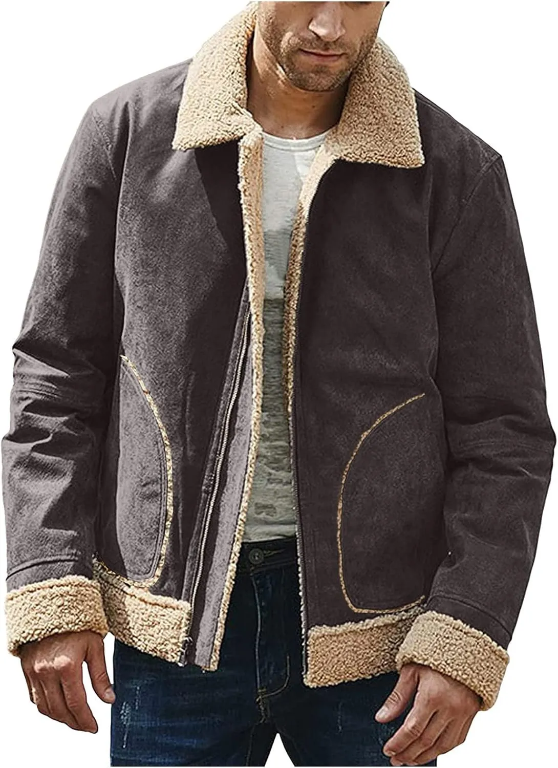 Mens Winter Coats, Mens Vintage Bomber Jacket Sherpa Lined Heavyweight Shearing Coat Baggy Thick Fleece Jackets