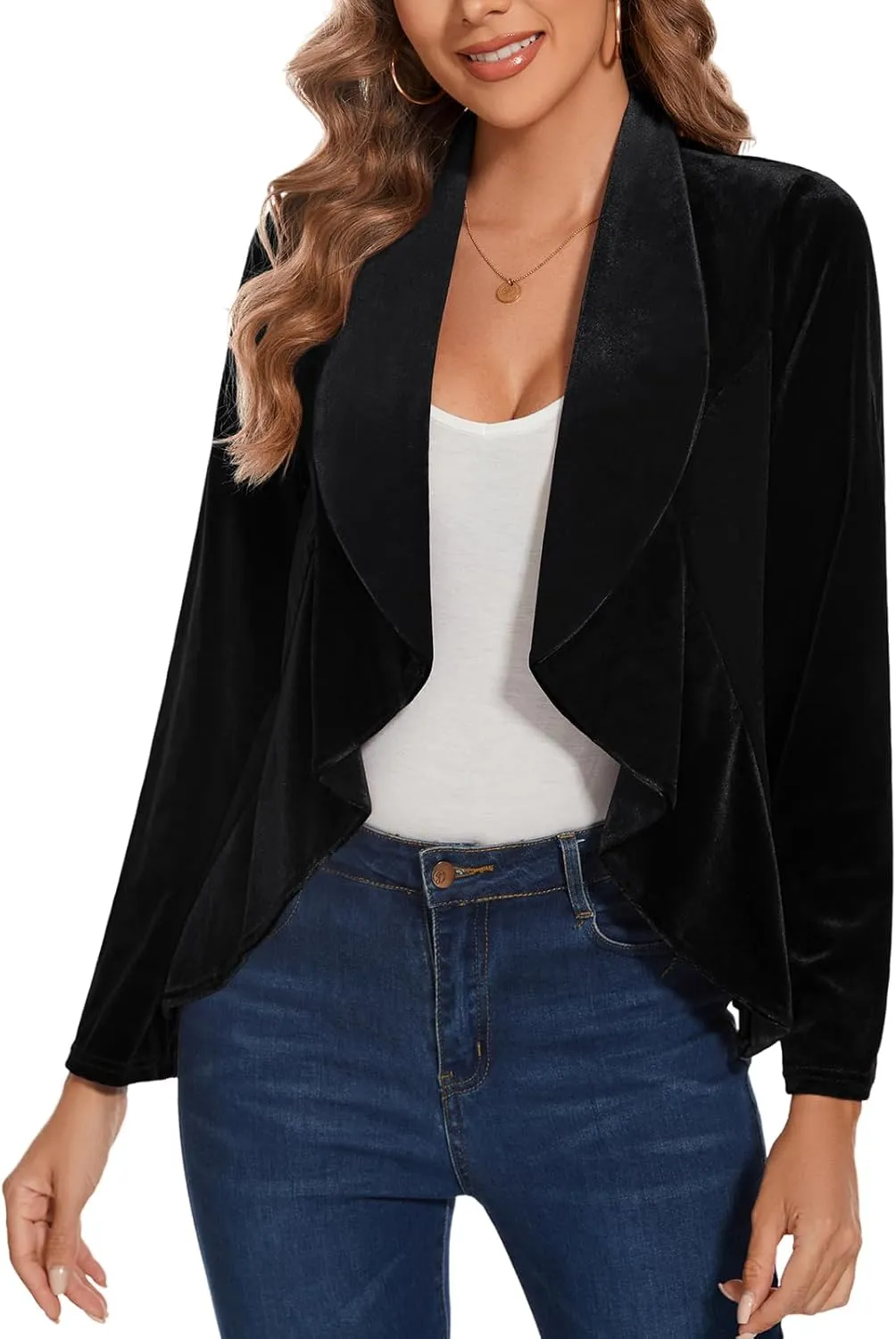 MINTLIMIT Velvet Blazers for Women Casual Work Office Long Sleeve Open Front Cardigan Ruffle Suit Jacket Coat Blazer